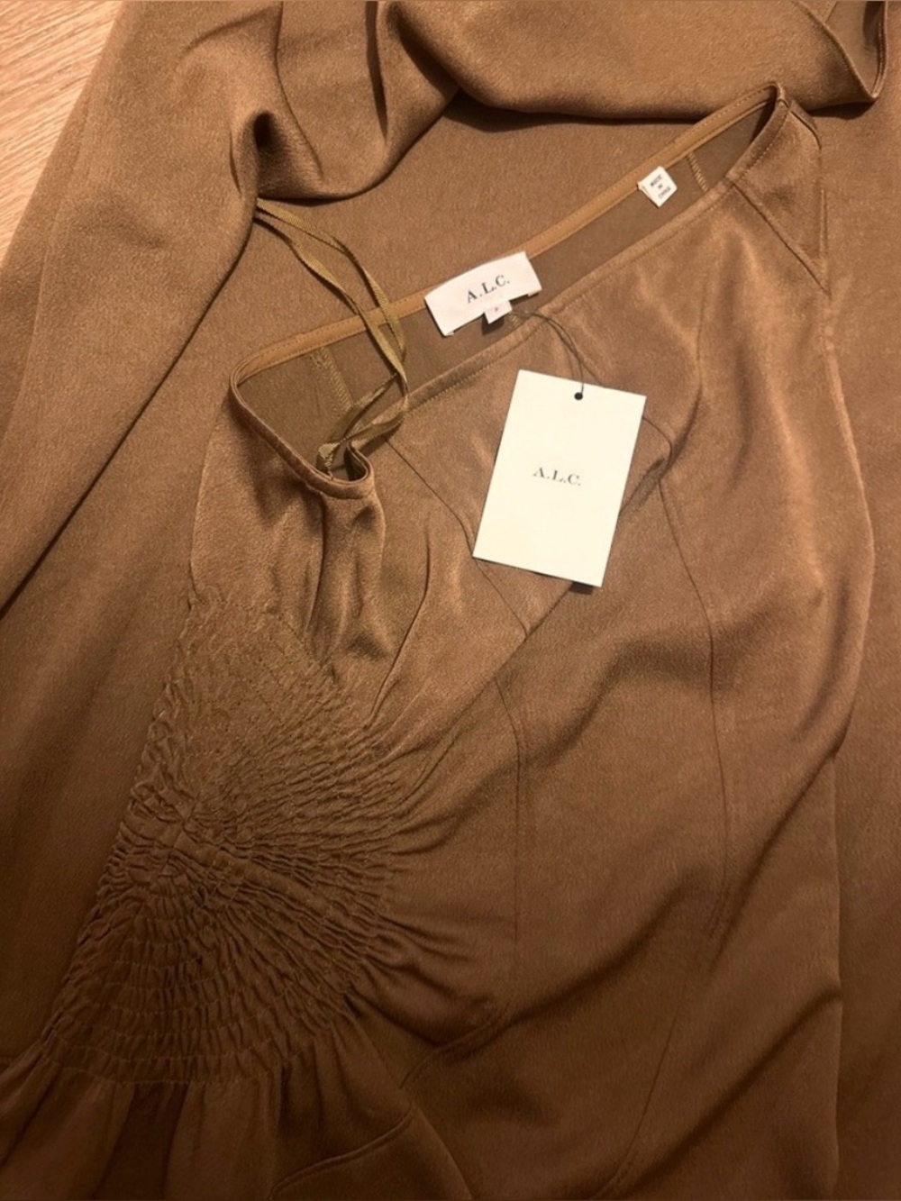 A.L.C. NWT One Shoulder Satin Maxi Dress Olive Brown Ruched Wedding Guest - Picture 4 of 5